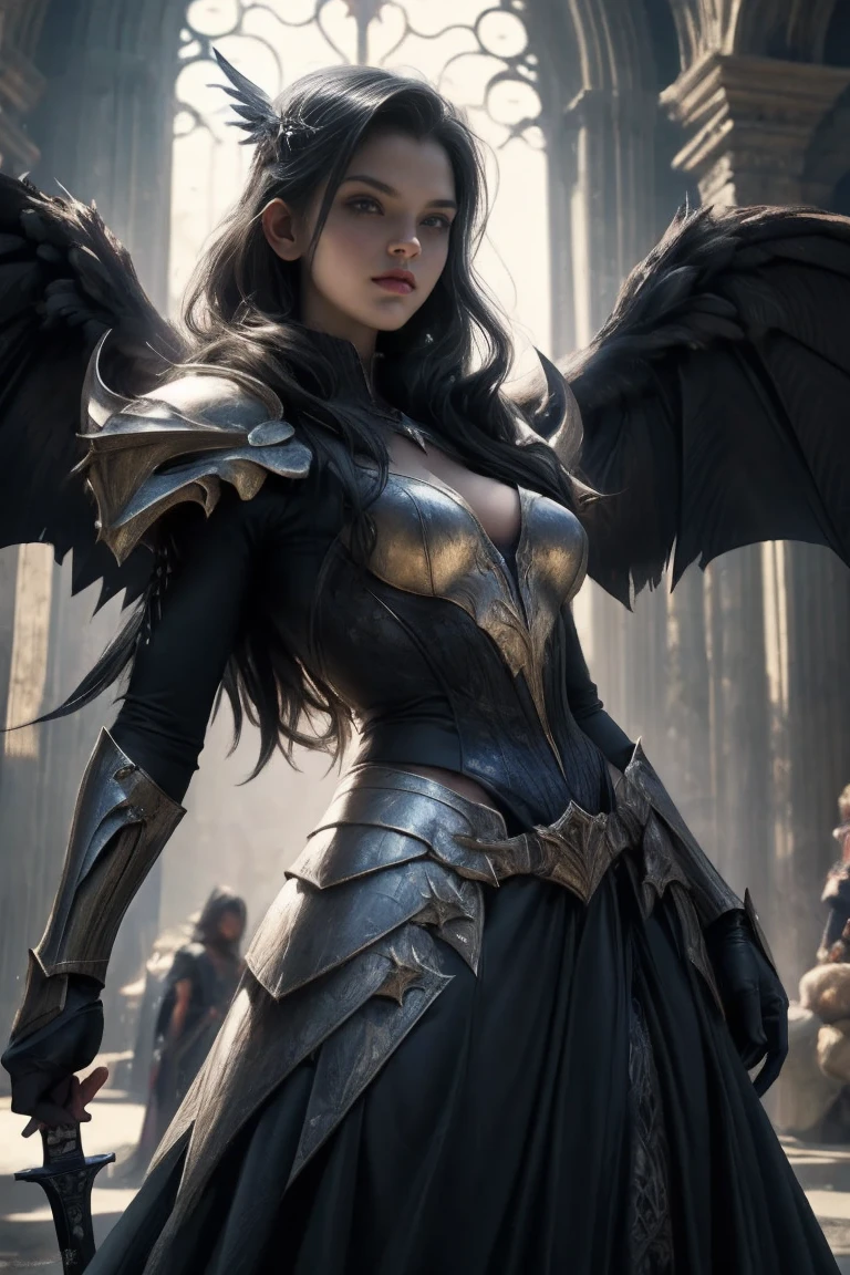 a woman in armor holding a sword and a sword, angel knight gothic girl, villainess has black angel wings, detailed fantasy art, angel knight girl, epic fantasy art style hd, 4k fantasy art, dark armor, stunning armor, hd fantasy art, deathknight, 8k fantasy art, highly detailed fantasy art, wow 4 k detail fantasy, dark angel