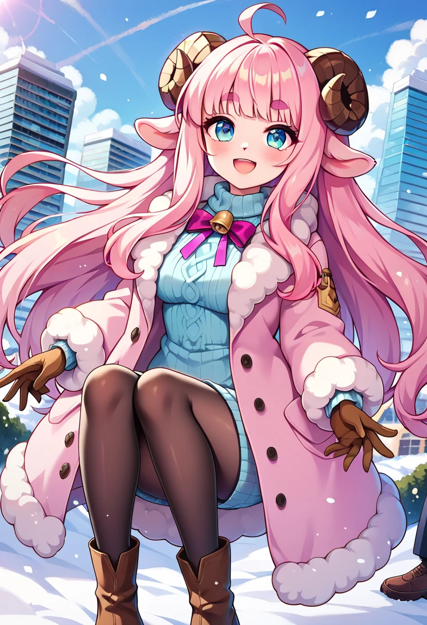 (UHD, best quality,  highres icon), 1girl,  long pink fluffy hair\ Fluffy Long Hair, Sheep&#39;s round horns, Thick eyebrows, smile, I'm looking up at Fluffy Wool Coat , pink vertical stripe sweater,  black tights , Big gloves,  lace-up boots BREAK looking up,  snow is falling , Beautiful cityscape, People passing by々