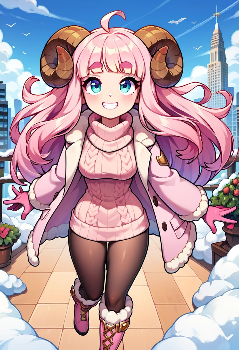 (UHD, best quality,  highres icon), 1girl,  long pink fluffy hair\ Fluffy Long Hair, Sheep&#39;s round horns, Thick eyebrows, smile, I'm looking up at Fluffy Wool Coat , pink vertical stripe sweater,  black tights , Big gloves,  lace-up boots BREAK looking up,  snow is falling , Beautiful cityscape, People passing by々