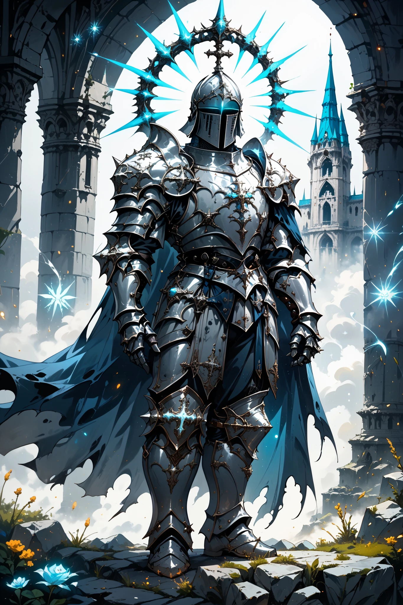 score_9, score_8_up, score_7_up, score_6_up, score_5_up, score_4_up, full body shot,** (solo, 1man:1.4), **silver gothic armor, blue cape, torn cape, silver knight armor, gothic helmet, male focus, blue glow, glow particles, medieval fantasy, dark fantasy, torn chestplate, full armor, silver armor, boots, pants, shoulder armor, templar, temple background, plated armor, spiked armor, curved plates, high definition, cinematic illustration, stylized cartoon