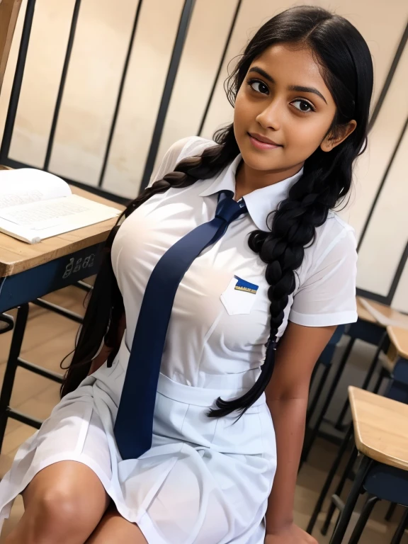 Srilankan school girl , boobs, school white frock,in the classroom, frock with pockets , wearing white vest camisole as a undergarment , see through 