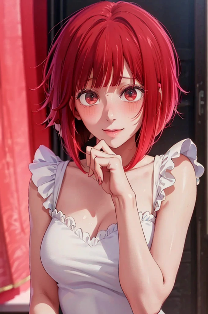 best quality, masterpiece, highly detailed,1girl, Arima Kana, , (masterpiece:1.5), Detailed Photo, Smiling, Sexy, (8K, Best Quality: 1.4), (1girl), Beautiful Face, (anime realistic Face), (Red Hair, short Hair: 1.3), Beautiful Hairstyle, Realistic eyes, beautiful detail eyes, (white skin), beautiful skin, absurd, attractive, ultra high resolution, ultra realistic, high definition, golden ratio, (sexually aroused:1.5), Pinkish white skin, cool white light, sexy pose, Beautiful , white background, pink soft white light,