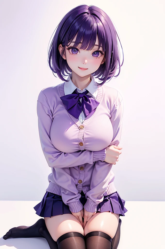 ((best quality)), ((highly detailed)), masterpiece, (detailed eyes, deep eyes), (1girl), dynamic angle, cowboy shot, mlprarity, woman, smile, looking at viewer, ((purple hair)), ((blue eyes)), ((high pigtails)), naked, slight smile (indoor, classroom), uniform, pleated skirt, cardigan, white blouse, flashing breasts, ((exposed breasts, nipples)), graceful pose, removing dress, undressing, lifting skirt to reveal cotton panties, panties with a bow on front
