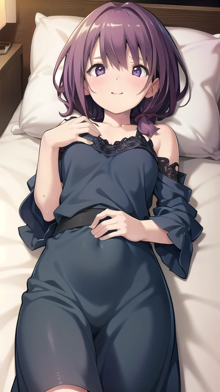 ((Highest quality、masterpiece、anime style、best quality、high resolution、8k、detailed、ultra-detailed:1.3))、Long legs、Sharp focus:1.2, Beautiful woman with perfect figure:1.4、(Smiling:1.2), double eyelid、30-year-old female、Sexy pose、((((Close your mouth、One Woman、negligee:1.5))))、Her hairstyle is long and permed.、Hairstyle: vertical rolls、bedroom、夜、ベッドに横たわる