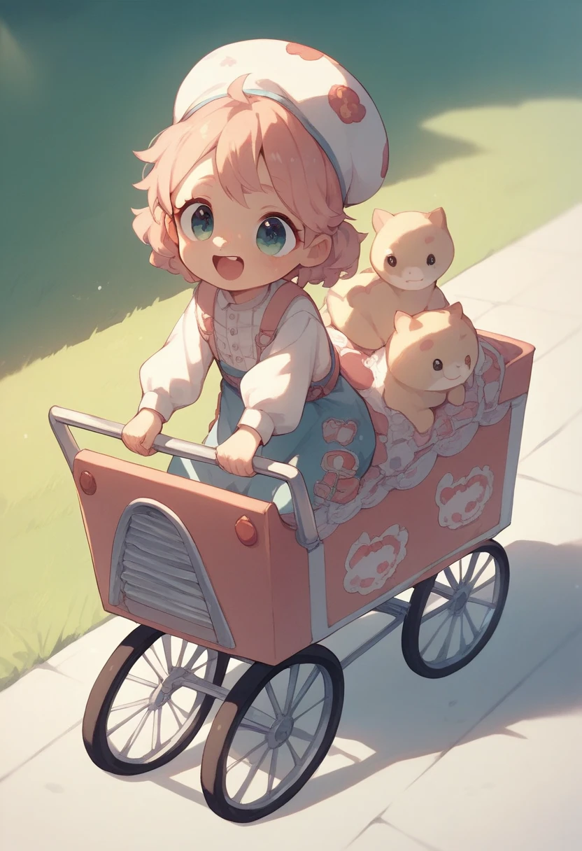 A  transforms into a cute , wears diapers with a cute pattern, rides in a stroller, and laughs innocently、