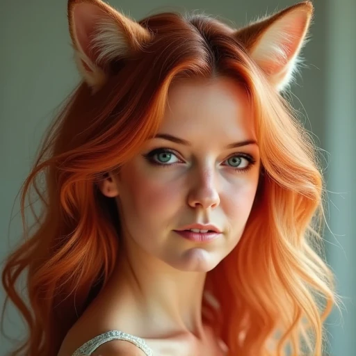 um close up de uma mulher com cabelos ruivos e orelhas de gato, cabelos ruivos grandes ondulados, cabelos vermelhos ondulados muito longos, com cabelos ruivos cacheados, pele laranja e cabelo ardente longo, lindos cabelos longos de fogo, com longos cabelos ruivos, cabelos longos e ondulados vermelhos, ela tem cabelos longos e redorange, cabelos longos de fogo, longos cabelos vermelhos cachos, longos cabelos ruivos soltos
