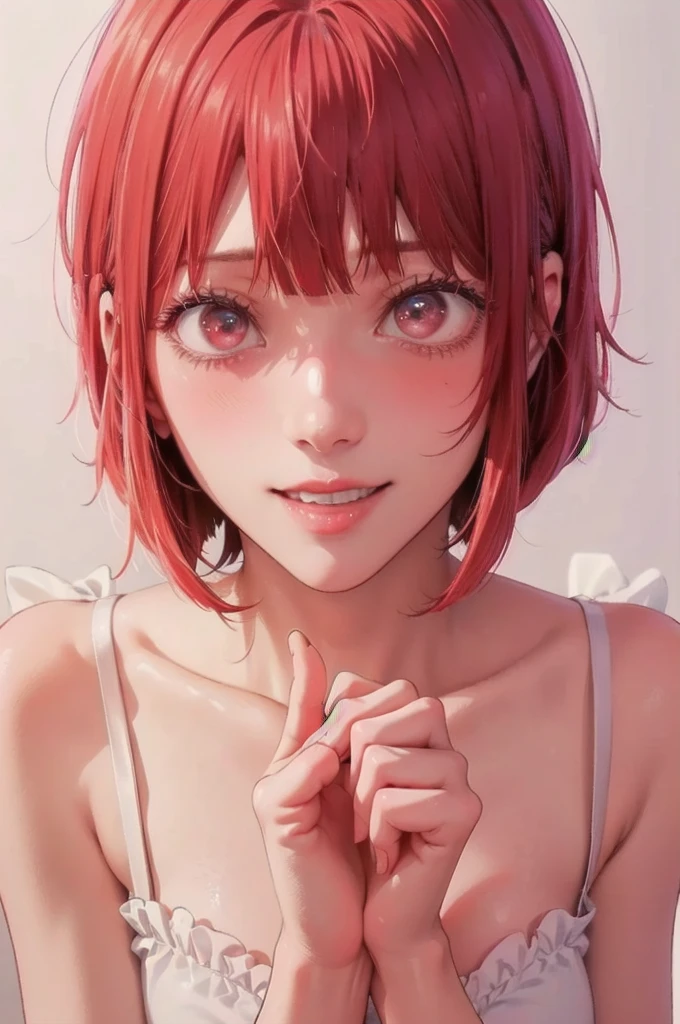 best quality, masterpiece, highly detailed,1girl, Arima Kana, , (masterpiece:1.5), Detailed Photo, Smiling, Sexy, (8K, Best Quality: 1.4), (1girl), Beautiful Face, (anime realistic Face), (Red Hair, short Hair: 1.3), Beautiful Hairstyle, Realistic eyes, beautiful detail eyes, (white skin), beautiful skin, absurd, attractive, ultra high resolution, ultra realistic, high definition, golden ratio, (sexually aroused:1.5), Pinkish white skin, cool white light, sexy pose, Beautiful , white background, pink soft white light, Wear a underwear