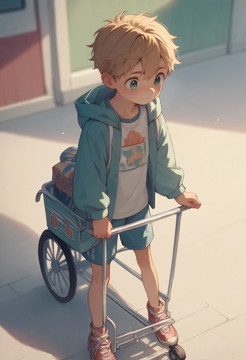 A young boy wears diapers with a cute pattern and rides in a stroller and laughs innocently、