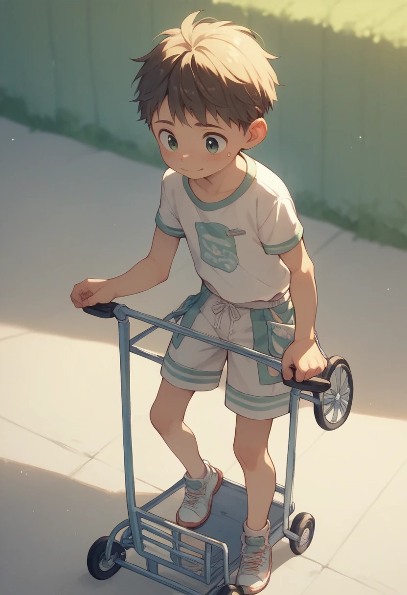 A young boy wears diapers with a cute pattern and rides in a stroller and laughs innocently、