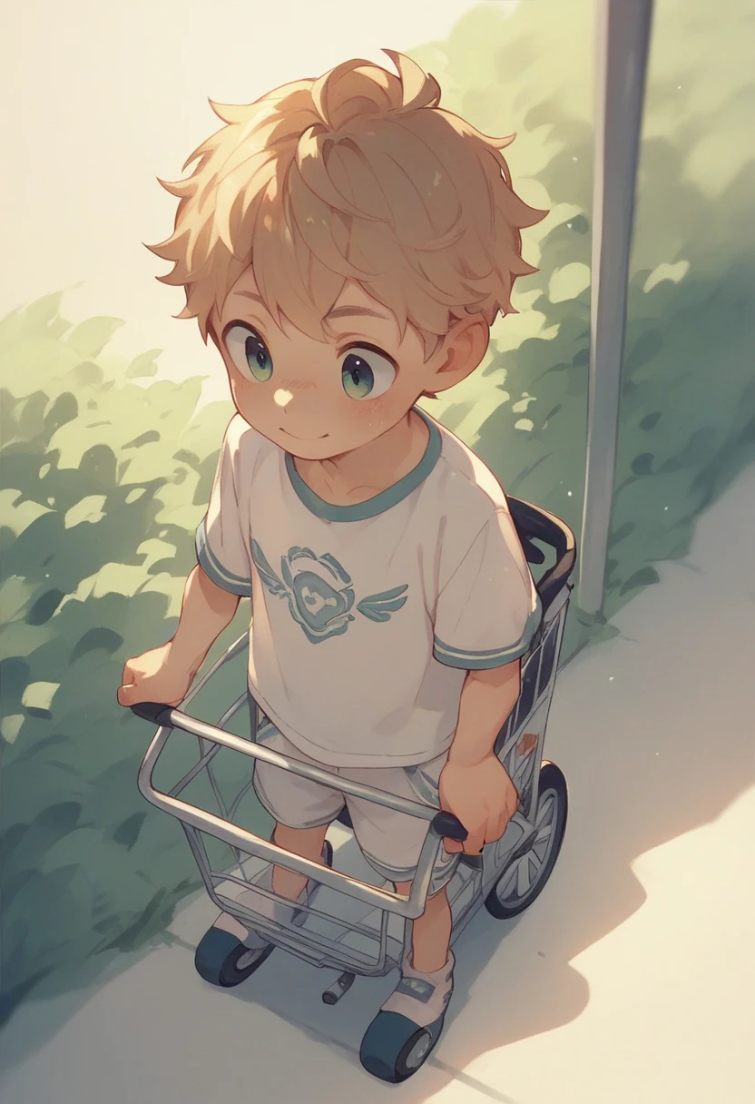 A young boy wears diapers with a cute pattern and rides in a stroller and laughs innocently、