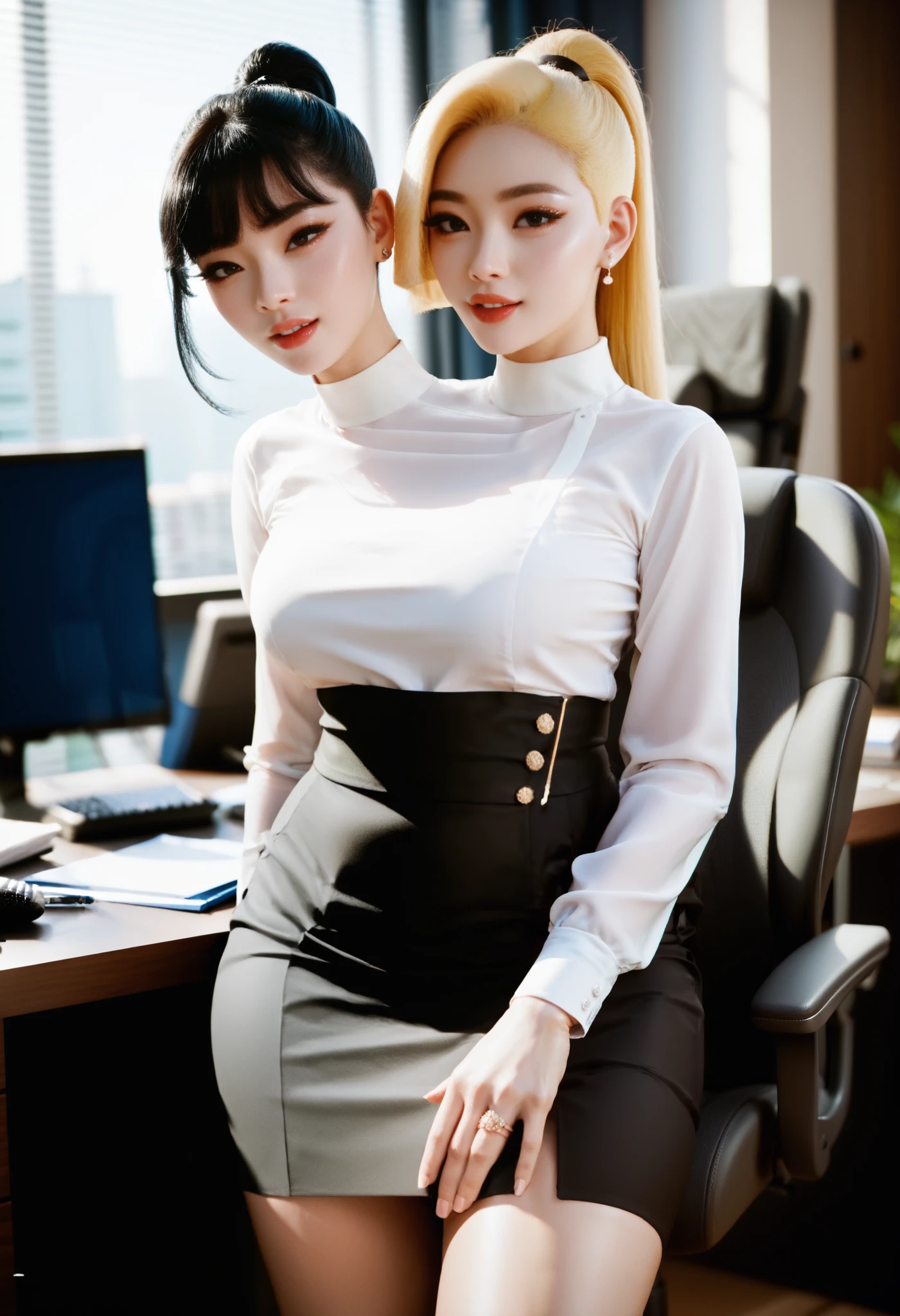 best resolution, conjoined, korean woman with two heads, tall, different hairstyles, black hair middle part bangs with ponytail, blonde bobcut hair,  different faces, flirty expression, white long sleeve shirt, frilly black skirt, office chair