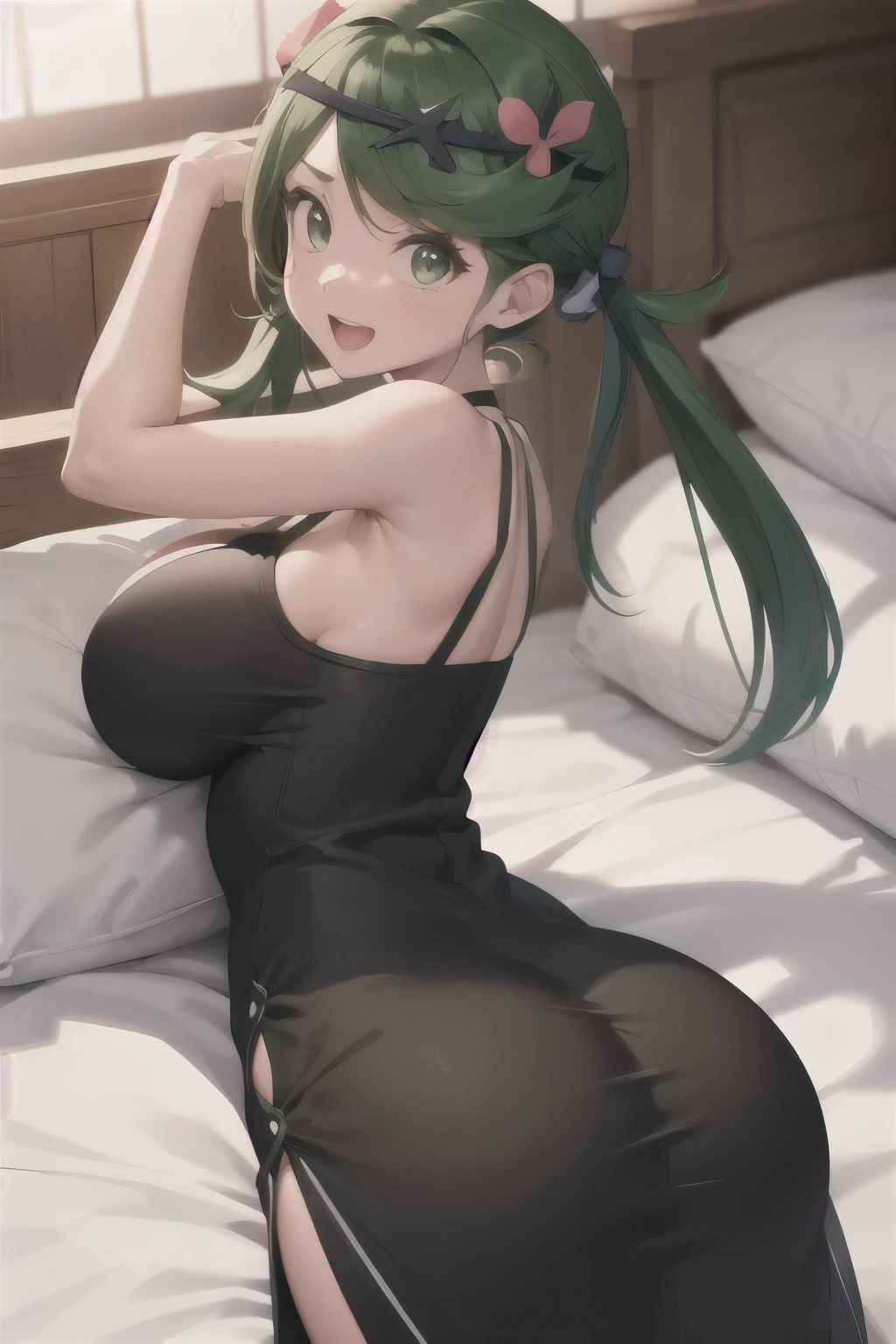 masterpiece, best quality, defmallow, twintails, hair flower, hair ornament, , sleeveless, big , looking at viewer, cowboy shot, :D, dark skin,best quality,  wearing a tight black dress, black tight dress with white stripes, huge ass, big tits, stand to the side and look at the viewer, stick your ass out, lie on your stomach and stick your butt out, he blushes, she is surprised, Pull up your dress a little so that your panties are visible, lie down on the bed, sexy tits, sexy ass, sexy body