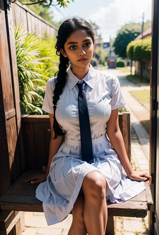 Raw photo , 1 girl ,Wearing white frock and color tie, white shoes teen school girl studying on on the desk, with plait, big breasts, sexy , professional photographer, (hdr:1.4), masterpiece, ultra-realistic 8k, perfect artwork, intrincate details, cute face, award winning photograph, (Best quality, 8k, 32k, Masterpiece, UHD:1.3) ,
