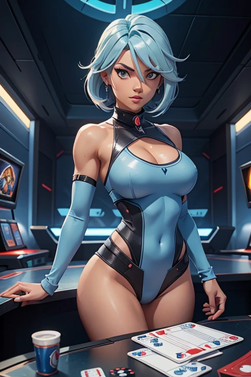 a visibly barefoot and nude beautiful cyborg woman, with body modifications and two cybernetic arms, squatting in a futuristic lab, looking happy.