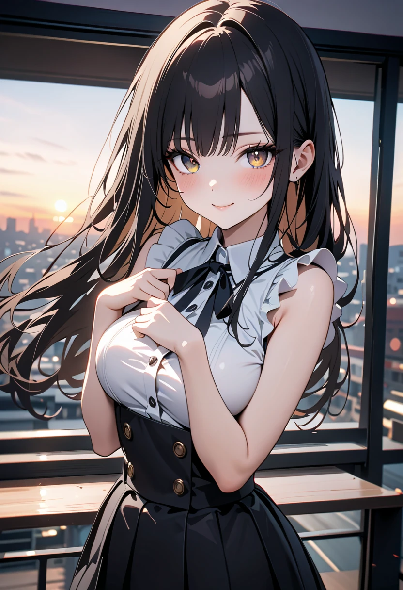 1 girl, (Portrait of a beautiful japanese girl), detailed beautiful face, long hair, bangs, (charcoal black hair), shiny hair, beautiful eyes, (dark brown eyes), (finely detailed beautiful eyes: 1.3), double eyelids, (eyelash: 1.2), (eye shadow: 1.2), smiling, seductive expression, blush, medium breasts, cute pose, (black pleated skirt, sleeveless collared white shirt, frills, virgin killer outfit), (sunset, on the terrace of a fashionable cafe in the city), shallow depth of field, BREAK, (cowboy shot, from front, looking at viewer:1.3, face focus), deep depth of field, stunning, fascinating, enchanting, broad lighting, cinematic composition, (very detailed, ultra-high resolution, absurdres, highres, masterpiece, best quality, very aesthetic, fine texture, newest, anatomically correct, perfect hands, 8k),