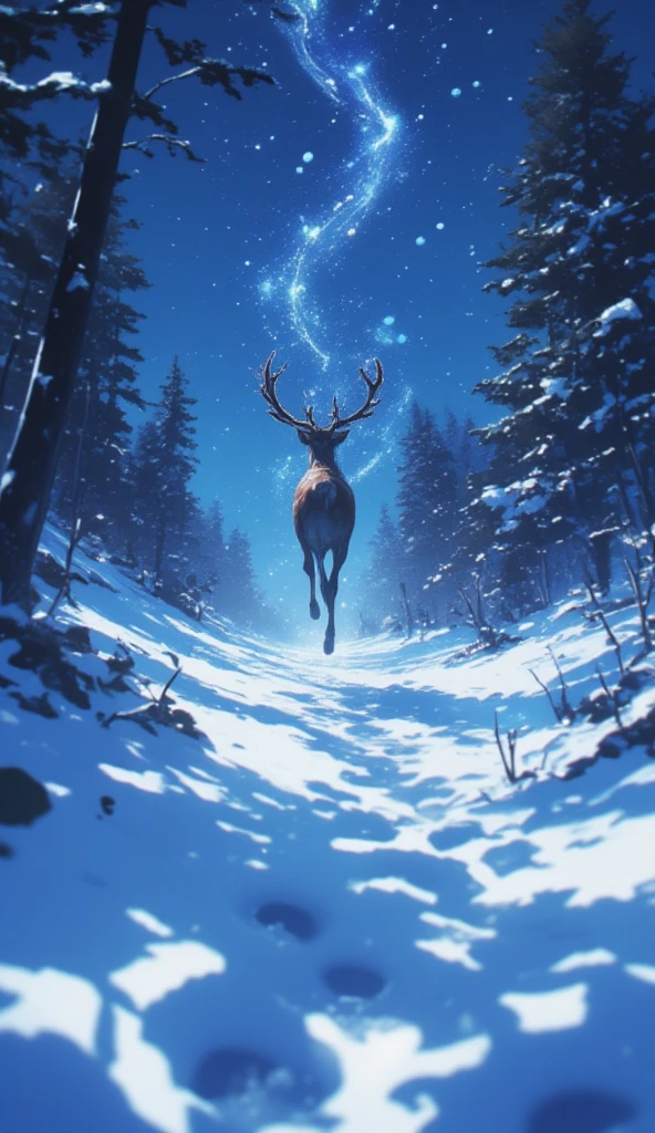 An anime illustration of a footprint trail left by a reindeer. The camera focuses on the footprint trail. Further away, the reindeer with its back facing the camera, is galloping high off the ground into the night sky, with magic trail under its feet. bokeh effect, with focus on the footprints.