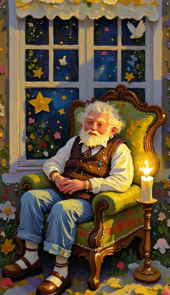 An old man sitting on a chair, lit candle, Birds. 