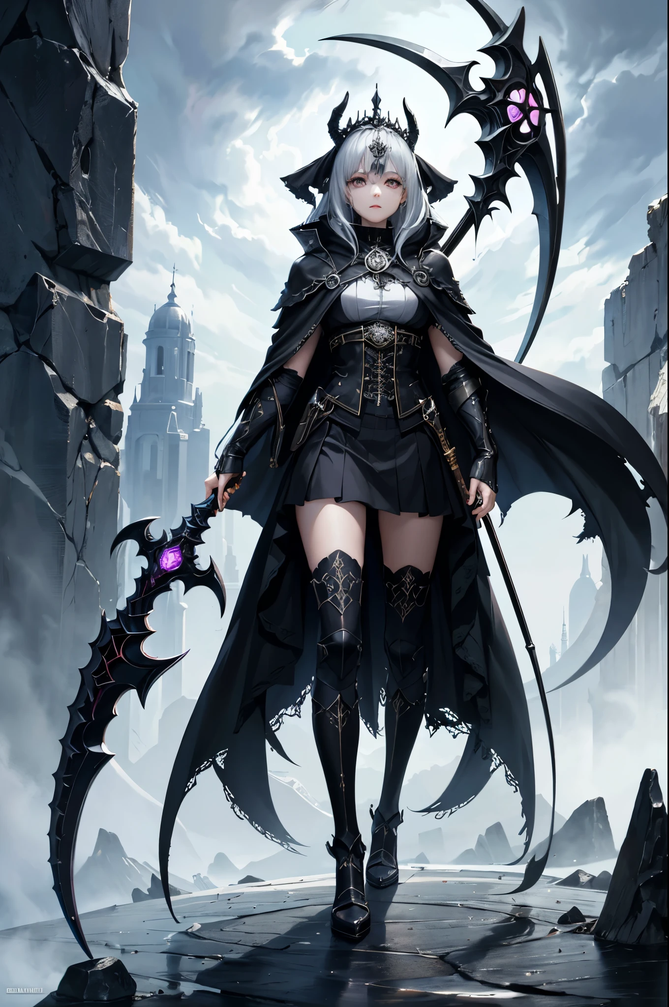 （（（highest quality、Masterpiece、Normal body、8k、Detailed face、Ultra-precision、Normal hand、Normal finger、５Finger、Highest）））Beautiful girl with golden and silver hair、Princess、Absolute Being、Twilight Dress、White and black skirt、Shiny Tiara、metal boots、Death Scythe、Game Scythe、grim Reaperの鎌、disaster々New Scythe、disaster々Aura、reap the soul、death penalty、Grim Reaper、grim Reaper、collapsing universe、Dimensional Destruction、The End of the Galaxy、Combat Ready、Death Scytheを振りかぶる、He lowers his waist, holds the scythe in both hands and swings it over his shoulder.、Brace your feet and put your hips in