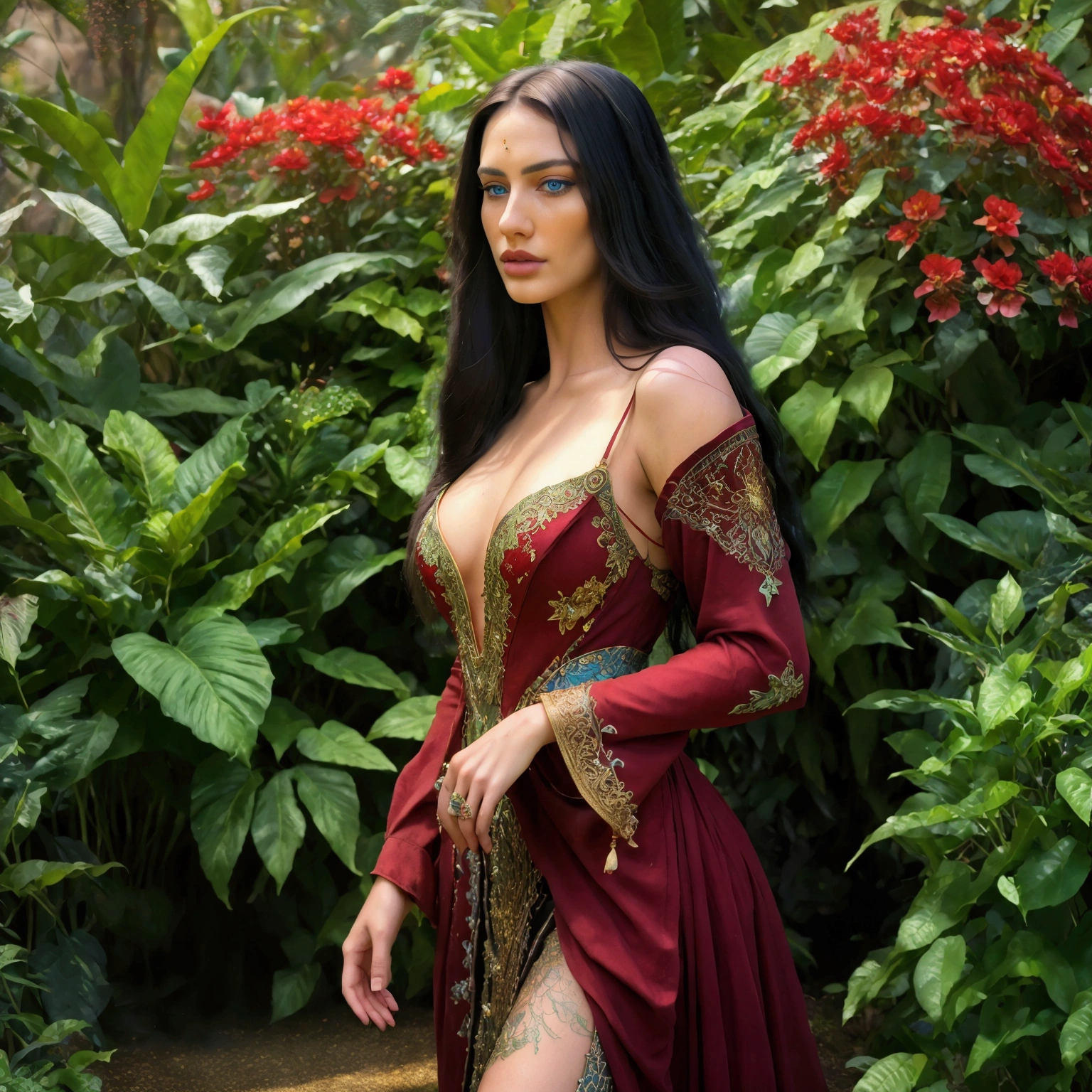 Extremely specific 4K photography of a woman with Chanel black hair, black eyes, seductive gaze and soft smile, red lipstick on her lips, golden accessories, wearing a long red dress at a forest wedding.