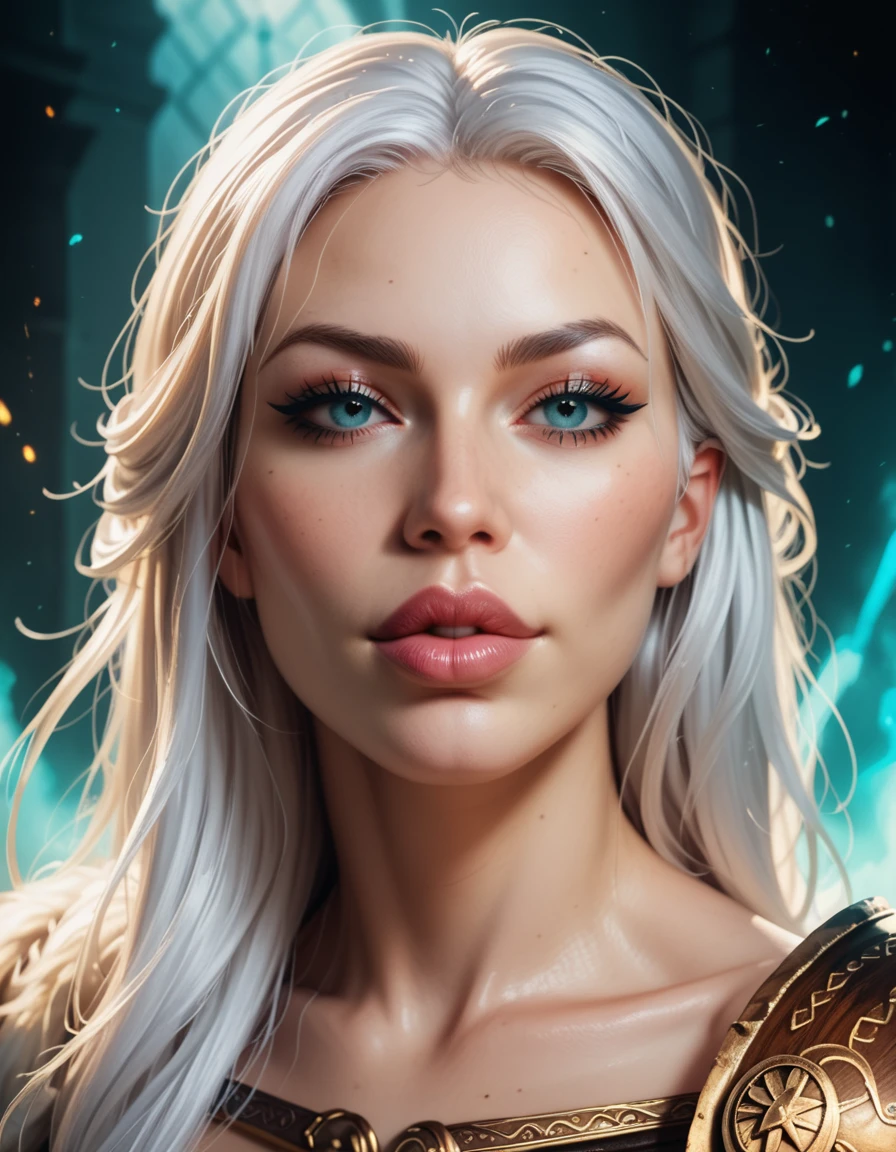 (best quality, highres, ultra-detailed, realistic:1.37), character concept art, a female viking warrior, Standing powerful, extremely sexy, seductive, long white hair, luscious lips, comic book art, rough colored sketch, vibrant colors, soft lighting