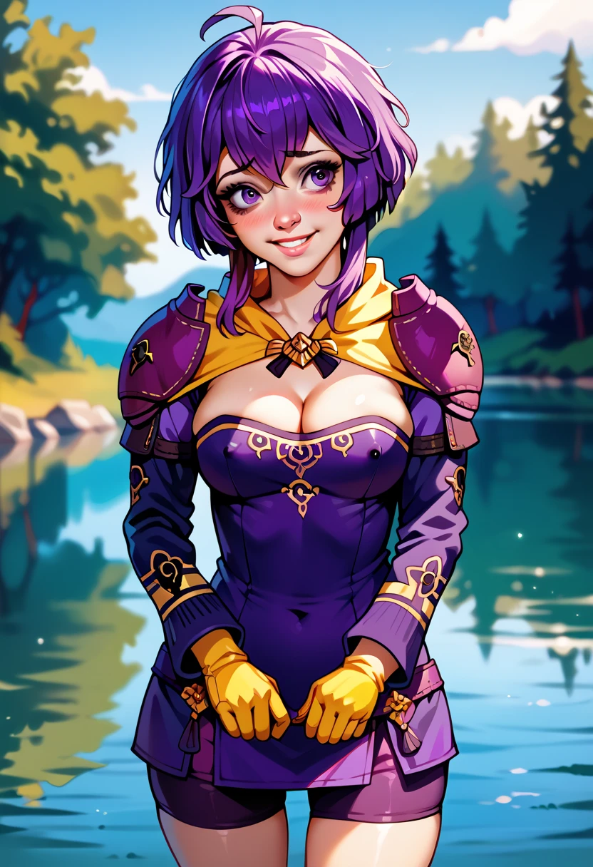 Illustration, realistic proportions, Bernadetta von Varley, short purple hair, hair ornament, shoulder pads, purple dress, short dress, bare breasts, hard nipples, long sleeves, purple shorts, big cleavage, yellow gloves, shy smile,  standing on the coast of a lake, watching towards water