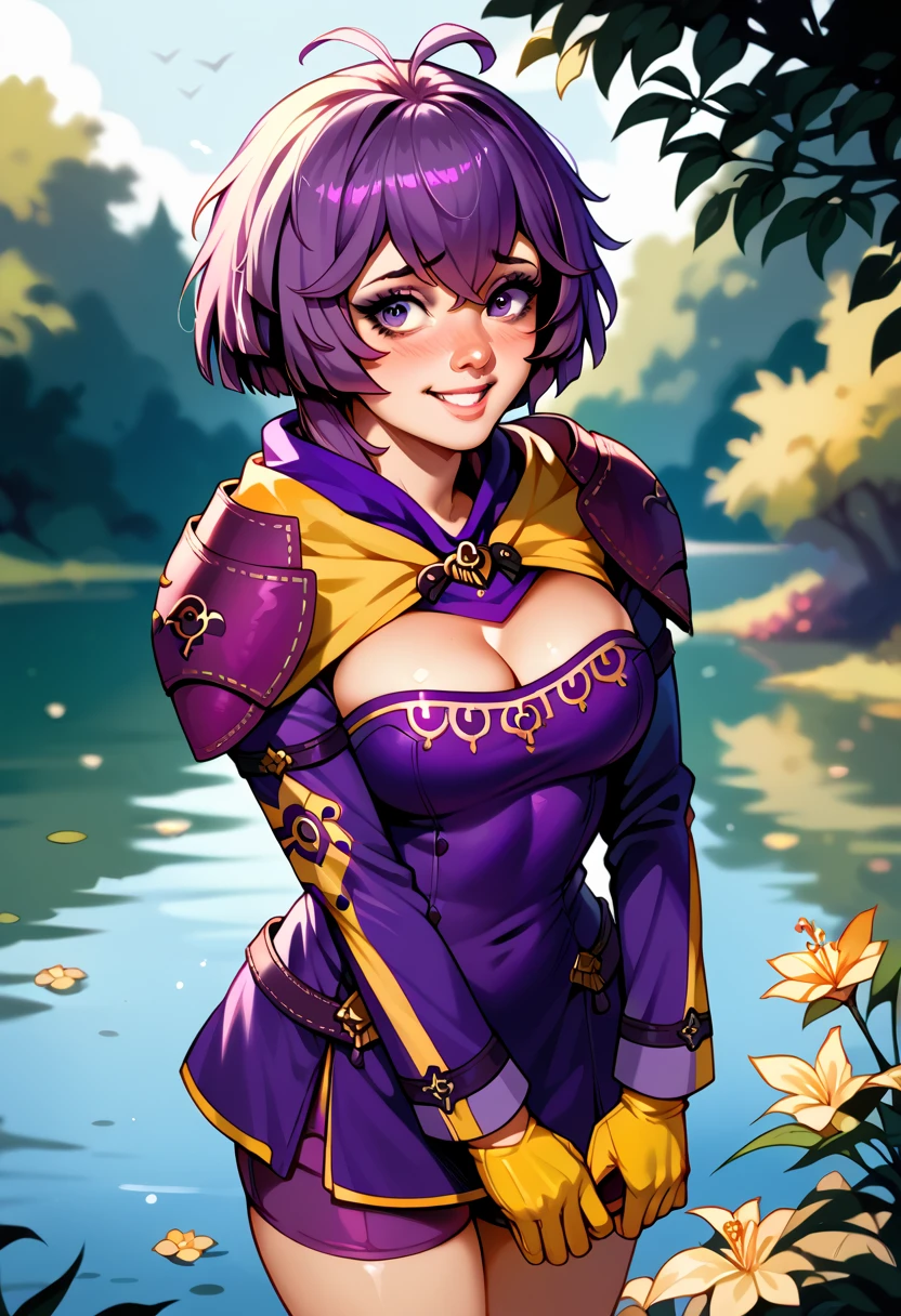 Illustration, realistic proportions, Bernadetta von Varley, short purple hair, hair ornament, shoulder pads, purple dress, short dress, bare breasts, hard nipples, long sleeves, purple shorts, big cleavage, yellow gloves, shy smile,  standing on the coast of a lake, watching towards water