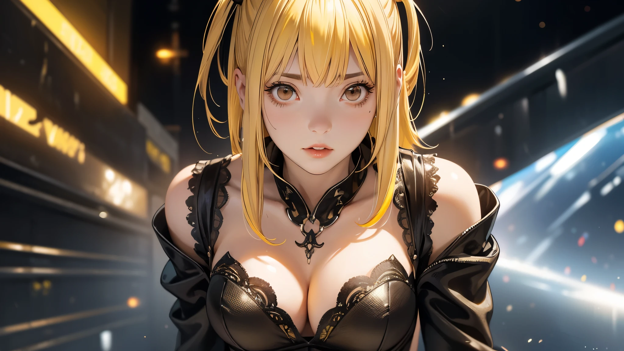 a beautiful woman(Misa Amane - Death Note),twintails, (brown eyes:1.5), (yellow hair:1.5), sidelocks, long hair, provocative pose, transparent dress revealing her figure, fiery hot and cryogenic cold background, highly detailed, realistic, photorealistic, 8k, ultra-detailed, masterpiece, dramatic lighting, cinematic, volumetric lighting, high-quality rendering, intricate details, sharp focus, vivid colors, chiaroscuro, dramatic, sensual, erotic, alluring, sultry gaze, elegant, graceful, lifelike, exquisite, striking, captivating