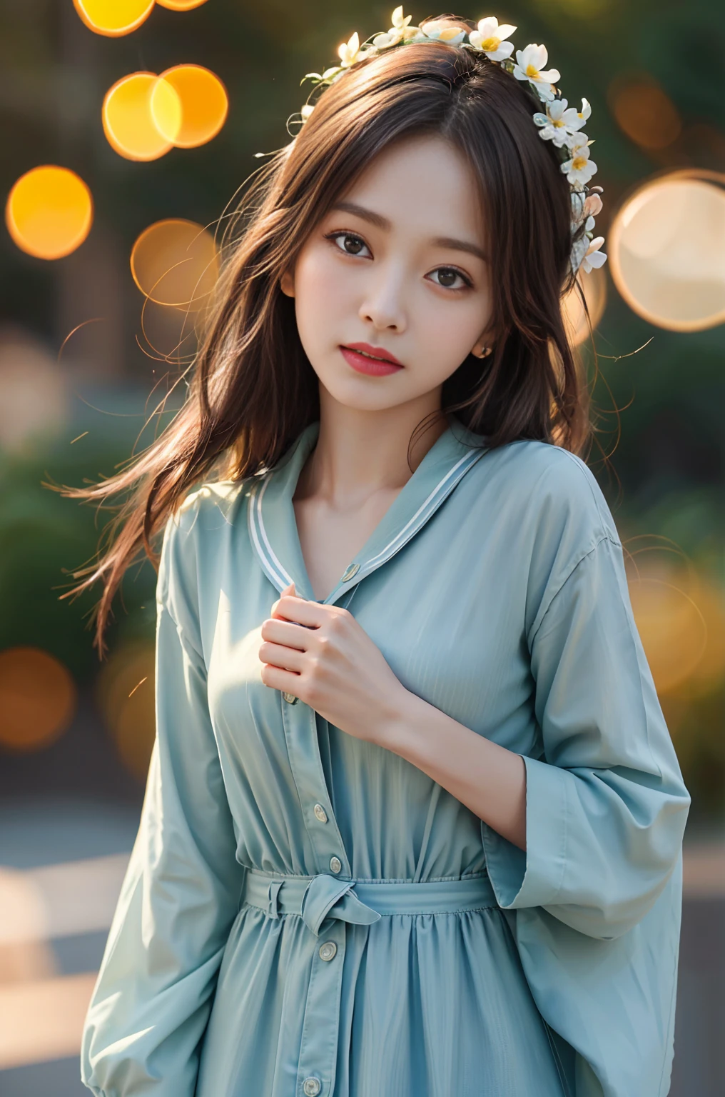 最high quality, masterpiece, 1 girl, beautiful face, (photo photo:1.3), edge lighting, (high detail skin:1.2), 8K ultra hd, Digital single-lens reflex camera, high quality, High resolution, 4K, 8K, Bokeh, That&#39;s ridiculous, Optimal ratio of 4 fingers and 1 thumb, (realistic:1.3), cute 1 girl, wearing black suspenders, medium breasts, short skirt,