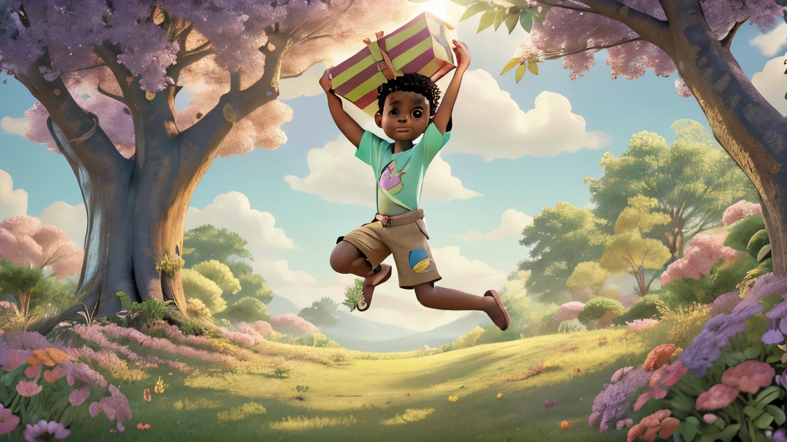 A young African girl. He looks up with excitement as a brightly wrapped present falls gently from the sky. His hands are outstretched, ready to catch it. The sunlight filters through the leaves above, casting soft shadows on the grass. The boy is barefoot, wearing shorts and a light t-shirt, and the scene is filled with vibrant greenery, with tall trees and colorful flowers surrounding him. The present glows slightly as it descends, adding a magical touch to the moment.