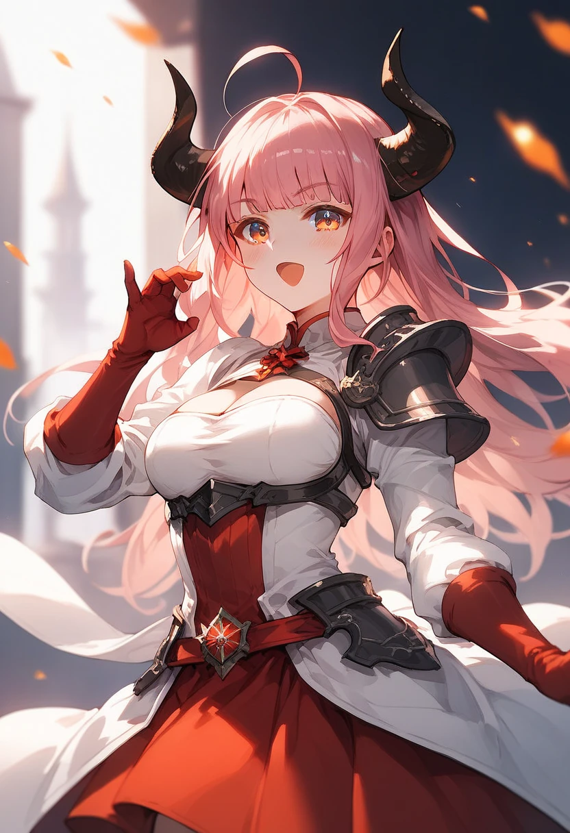 1girl, solo, orange_eyes, long_hair, rating:s, armor,cleavage cutout, cleavage, armor,looking_at_viewer, bangs, horns, ahoge, breasts, long_sleeves, white coat, eyebrows_visible_through_hair, blush, gloves, shirt, magenta_hair, silver_shirt, skirt, ribbon, medium_breasts, long_hair, cowboy_shot, depth_of_field, blunt_bangs, simple backgroud, perfect hand, ojou-sama pose, open mouth,(masterpiece)