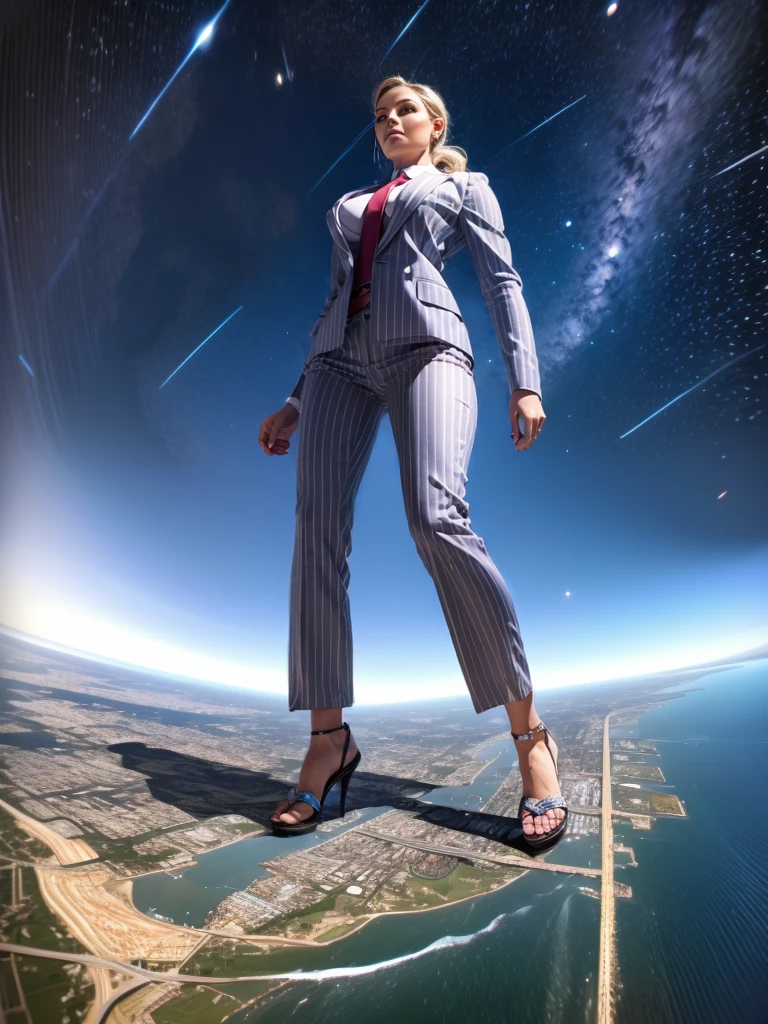 Giga Giantess art 1:4, highly detailed giga giantess, blonde hair, a teenage bbw white girl full body view, 1000 miles giga giantess, giga giantess so massive the world is very small to her, huge breasts, light grey pinstriped three-piece suit and blazer, white tailored shirt, tie done up in a thick and massive Windsor knot light red tie, tie length reaches just passed the top of trousers, Has long full wavy ponytail, Wearing a pair of  polished round toe court heels Professional attire A look of enjoyment, Beautiful appearance, smile, horny (view from the ground)giga goddess, full body view, standing striaght, towering over a very tiny planet in space, giantess so big she can see the whole coast line of USA, facing towards camera, from below Looking up at the sky between the skyscrapers,The view from the building, 
Giantess too big to imagine, It approaches while destroying all buildings on the ground., smiling at us