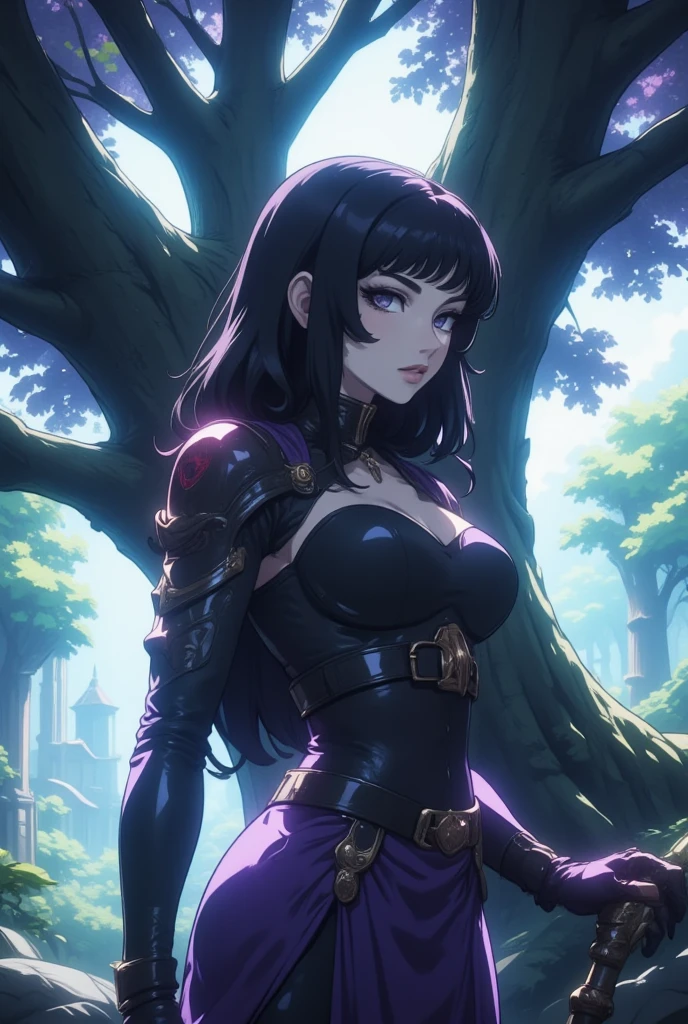 anime art style, 8k, masterpiece, cinematic, (Portrait), petite sorceress, mature, purple eyes, pale skin, lean tall body, (fantasy sorceress high neck outfit, boob windows), standing under majestic tree, wielding magical cane, side ways photo, solemn expression, full body photo