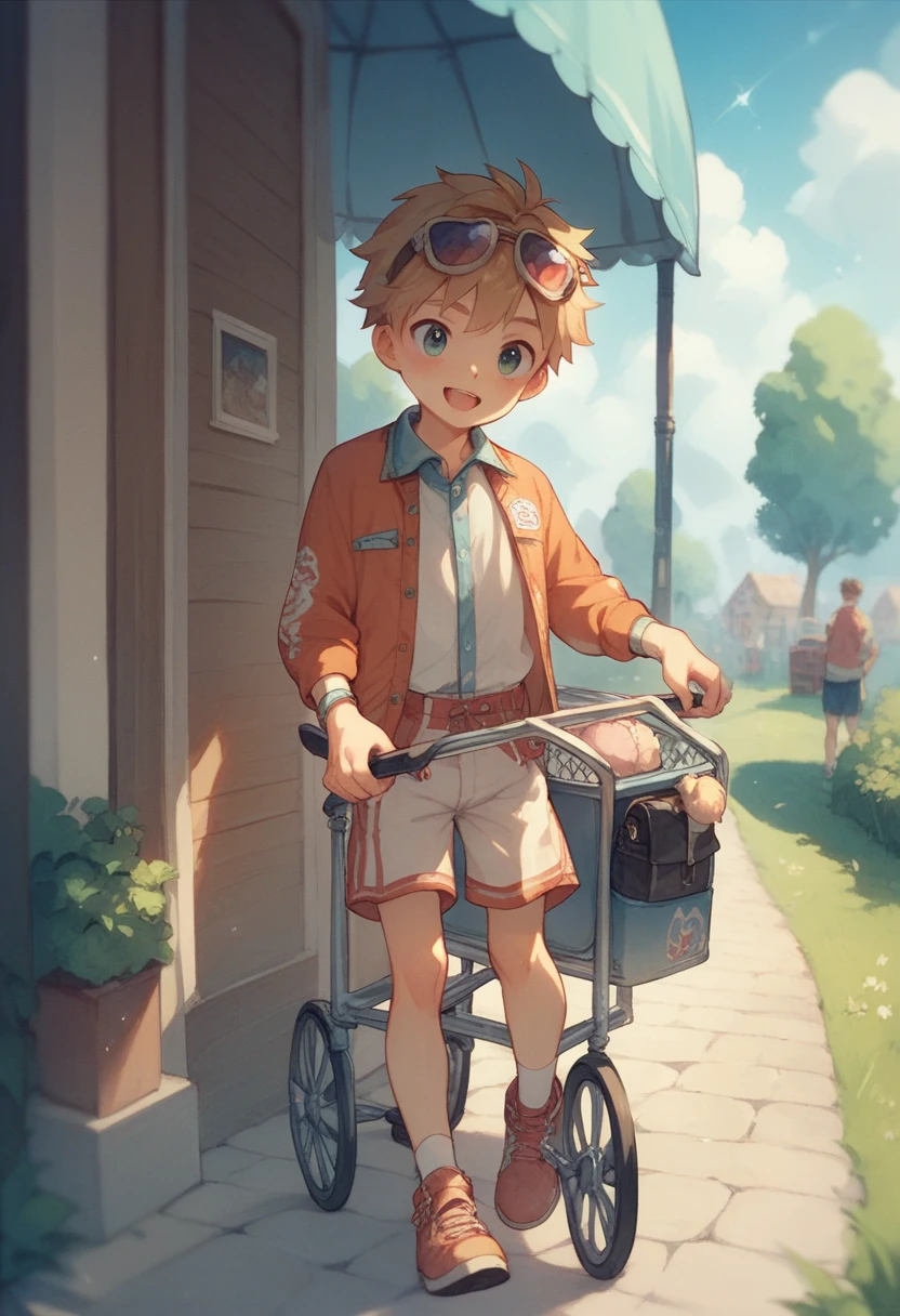 A young boy wears diapers with a cute pattern and rides in a stroller and laughs innocently、