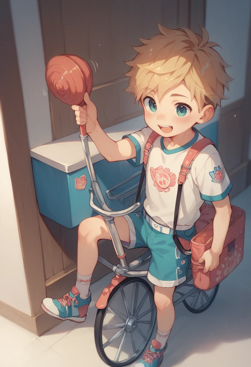 A young boy wears diapers with a cute pattern and rides in a stroller and laughs innocently、