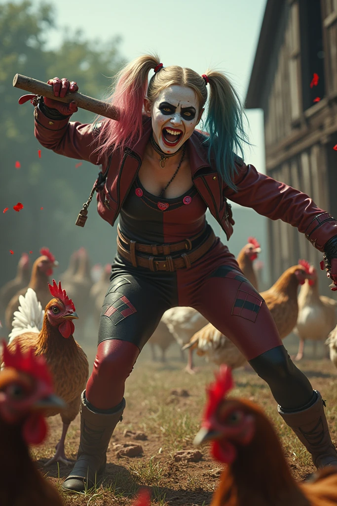 Margot Robbie as Harley Quinn (insane pretty face, tiny themed outfit Harley Quinn makeup on body, blood spatter) is wielding a bloody ball bat. Harley is standing over a confused Saitama who is lying on the ground on his back (iconic yellow suit, blood spatter, red cape, bald head). Downtown Tokyo
