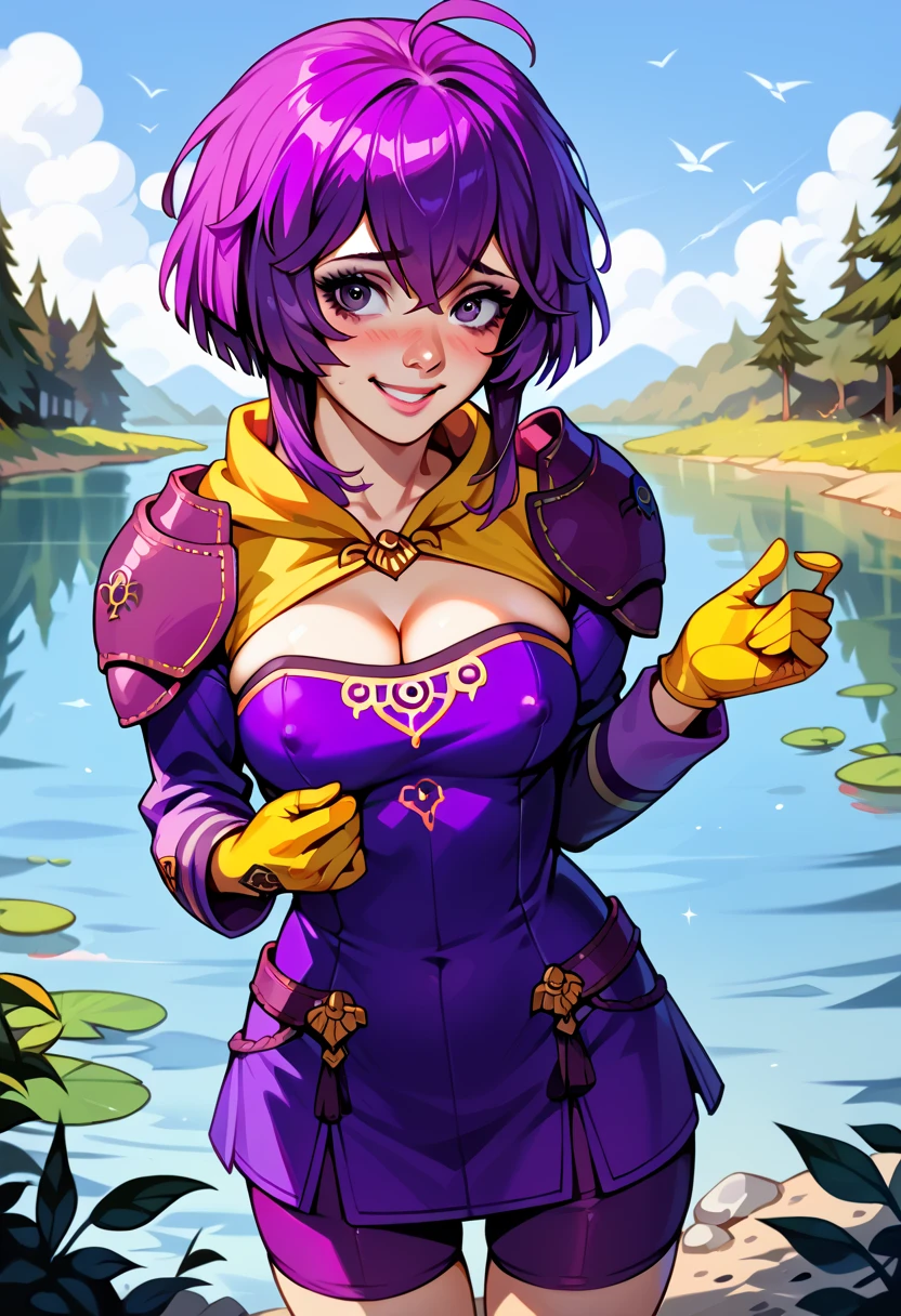 Illustration, realistic proportions, Bernadetta von Varley, short purple hair, hair ornament, shoulder pads, purple dress, short dress, exposing breasts, hard nipples, long sleeves, purple shorts, cleavage, yellow gloves, shy smile,  standing on the coast of a lake, watching towards water