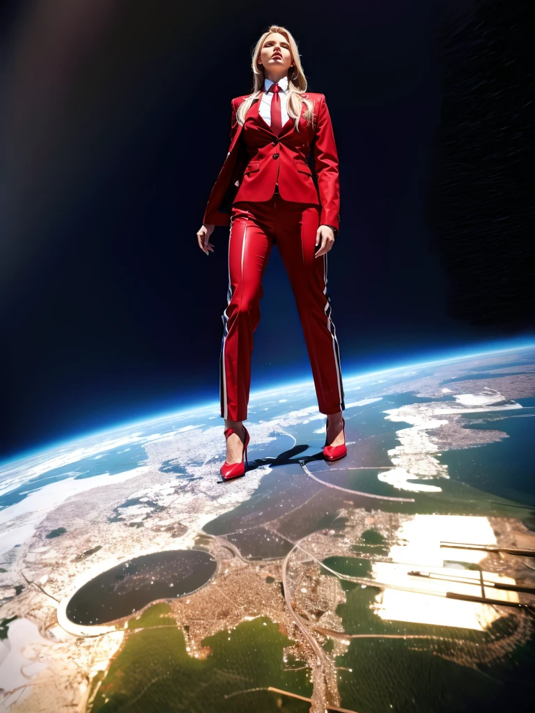 Giga Giantess art 1:4, highly detailed giga giantess, blonde hair, a teenage bbw white girl full body view, 1000 miles giga giantess, giga giantess so massive the world is very small to her, huge breasts, light grey pinstriped three-piece suit and blazer, white tailored shirt, tie done up in a thick and massive Windsor knot light red tie, tie length reaches just passed the top of trousers, Has long full wavy ponytail, Wearing a pair of  polished round toe court heels Professional attire A look of enjoyment, Beautiful appearance, smile, horny (view from the ground)giga goddess, full body view, standing striaght, towering over a very tiny planet in space, giantess so big she can see the whole coast line of USA, facing towards camera, from below Looking up at the sky between the skyscrapers,The view from the building, 
Giantess too big to imagine, It approaches while destroying all buildings on the ground., smiling at us