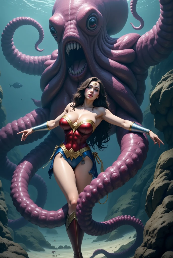 seabed，Huge octopus，Octopus tentacles，Octopus tentacles wrapped around Wonder Woman，a girl, Gal Gadot plays Wonder Woman, sexy body, Beautiful face，Painful expression，sad，Lively expressions，，seduce。huge breasts, Huge ass, plump body, sexy bra, sexy thong、nipple，Camel toes are clear，Hand-held treasure，Combat Action，，Camel toes are clear，Magic high quality paintings，