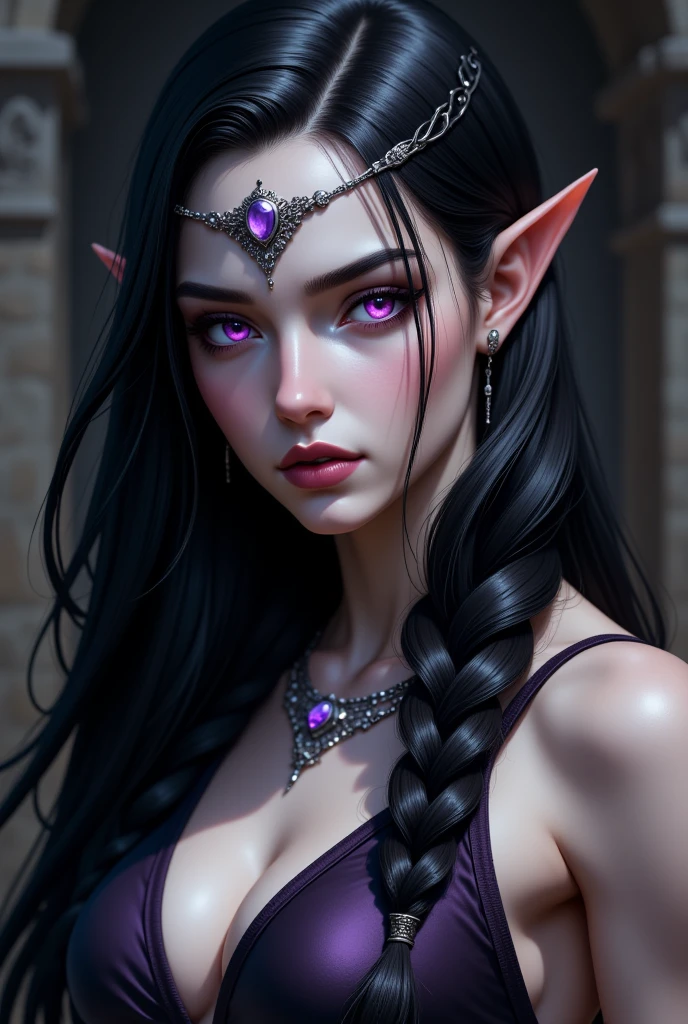 A hyper-realistic and highly detailed portrait of Shadowheart from Baldur's Gate 3. She is a half-elven cleric with an enigmatic and intense demeanor, her pose exuding power and grace. Her facial structure is refined and soft, with high cheekbones that are subtly rounded and diminished in prominence, leading to a jawline that tapers gently into a delicate chin. Her skin is pale with a slight silvery tint, marked by the subtle texture of small scars and freckles near her temples, adding depth and realism. Her nose is narrow and straight, with a gentle upward slope at the tip, lending an air of elvish elegance.

Her lips are full and naturally shaped, with a slight downward curve at the corners, painted in a soft burgundy shade that enhances her serious expression. Her violet eyes glow with an unearthly glow, as if illuminated by a mystical force, against the dark sclera that adds to their otherworldly allure. Her arched eyebrows are dark and well-defined, giving her an air of perpetual focus and authority.
Her hair, jet black and glossy, is braided into an intricate, heavy braid that falls neatly down her back, with a few loose strands artfully framing her softened face. The strands shimmer slightly in the dim light, highlighting the realistic texture of her straight hair. Her progressively pointed ears peek out from beneath her fringe of hair, adorned with silver crescent-shaped earrings that are small and delicate, subtly catching the light.
She wears a delicate gothic-style diadem around her forehead, made of deep red silver and adorned with a single amethyst gemstone that reflects the same ethereal glow as her eyes. Her expression is a perfect blend of aesthetic resolve and hidden vulnerability, her lips tense as if they hold untold secrets. Shadows and soft lighting contour her face, highlighting every soft curve, making her appear ethereal and hauntingly lifelike.