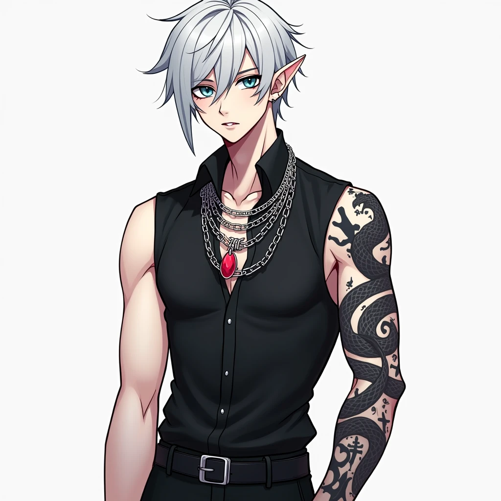 boy, white hair, long straight hair, red eyes, wild smile, sharp teeth, pointed ears, fair skin, black shirt, green cargo pants, red tribal tattoos, facial red tattoo, bone necklace., high quality, high details, 4K, anatomically correct
