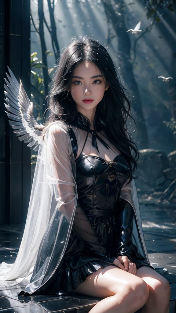 Fantasy artwork、Realistic fantasy art、4K Fantasy Art、Very detailed、Medium chest、Japanese women、((6 feathers))、Angel、(Cover the body with a white cloth)、(Blindfolded with black cloth)