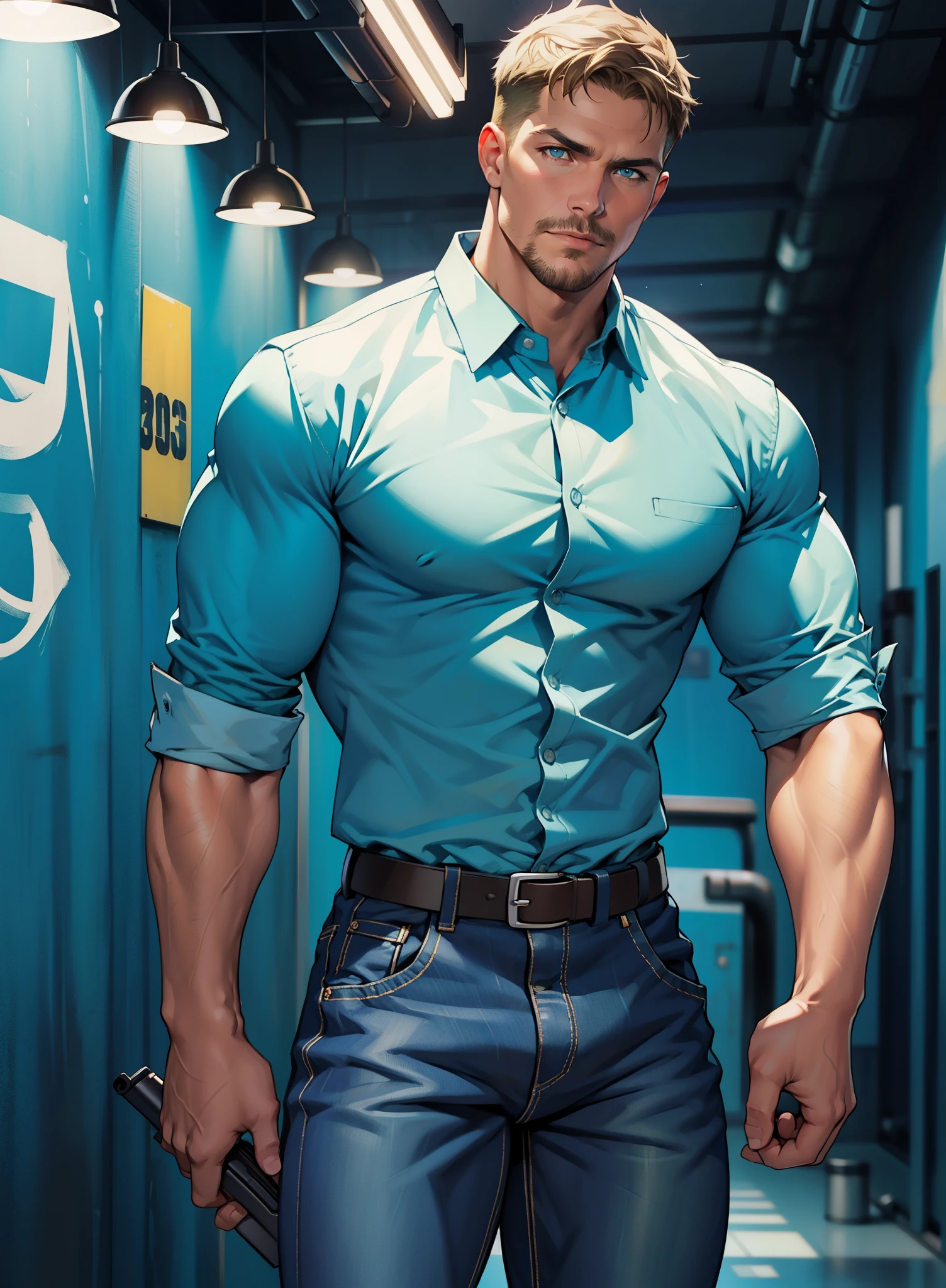 The most attractive muscular man in a dark gray latex three piece suit, orange triming, open shirt, sexy, hairy body, huge crotch bulge, in public, (dieselpunk), erotica, homoerotic, full body image,