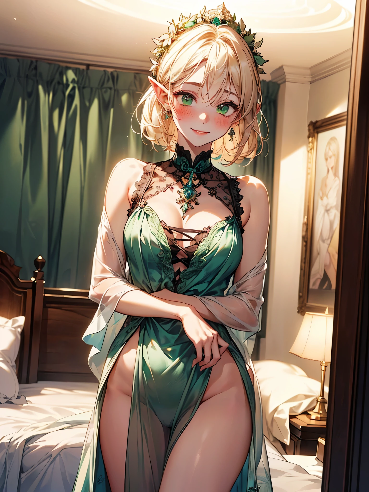 1Girl, Elf, Short blonde hair, beautiful, green eyes, hot, medium breasts, ((wearing a full transparent thin silk nightgown framing every inch of her athletic body.)), in a wooden bedroom