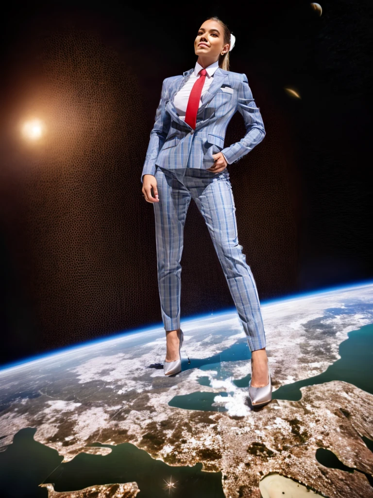 Giga Giantess art 1:4, highly detailed giga giantess, blonde hair, a teenage bbw white girl full body view, 1000 miles giga giantess, giga giantess so massive the world is very small to her, huge breasts, light grey pinstriped three-piece suit and blazer, white tailored shirt, tie done up in a thick and massive Windsor knot light red tie, tie length reaches just passed the top of trousers, Has long full wavy ponytail, Wearing a pair of  polished round toe court heels Professional attire A look of enjoyment, Beautiful appearance, smile, horny (view from the ground)giga goddess, full body view, standing striaght, towering over a very tiny planet in space, giantess so big she can see the whole coast line of USA, facing towards camera, from below Looking up at the sky between the skyscrapers,The view from the building, 
Giantess too big to imagine, It approaches while destroying all buildings on the ground., smiling at us