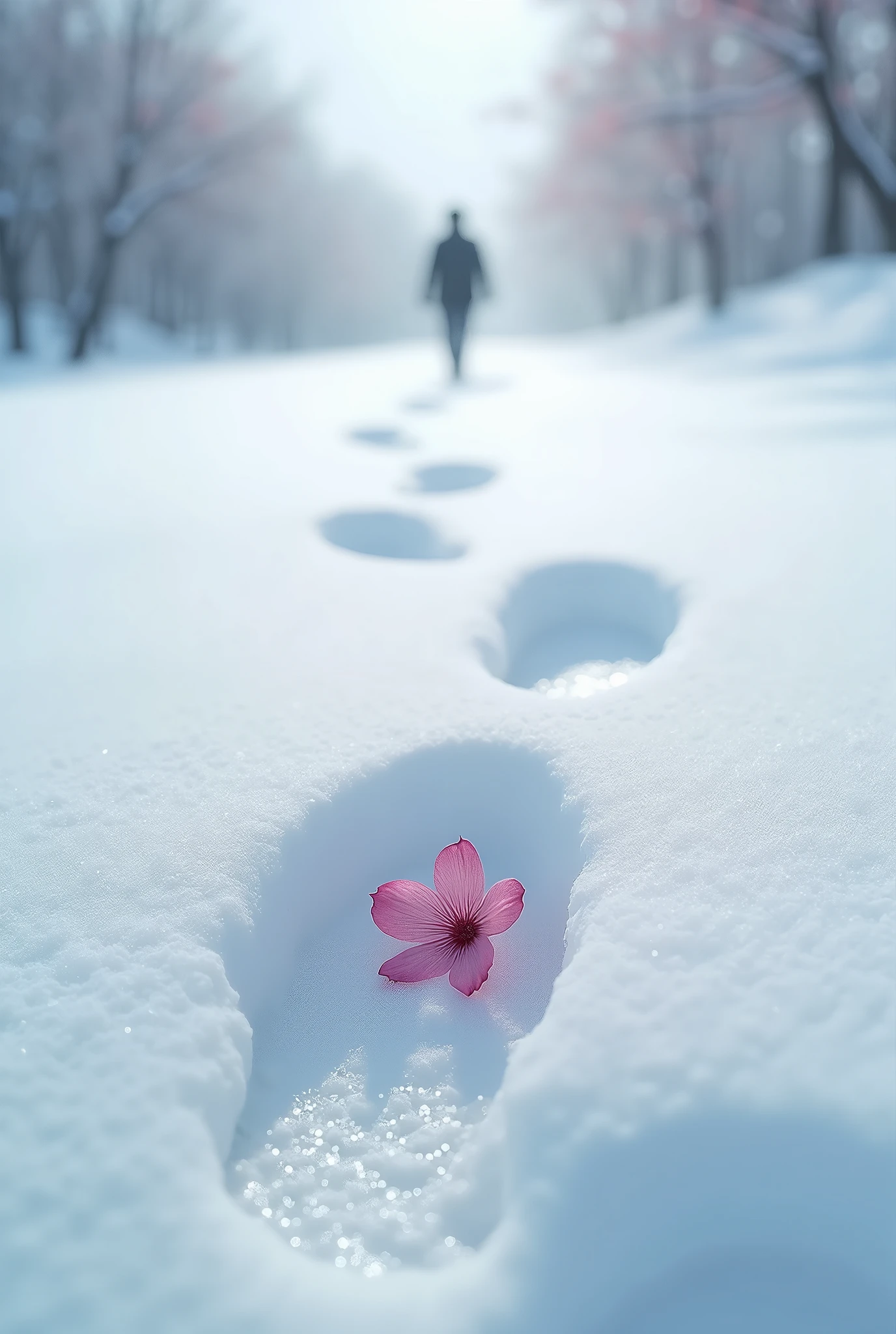 Footprints in Snow, Cherry blossom imprint,high detail, chiaroscuro, from below, UHD, masterpiece, accurate, super detail, high quality, award winning, best quality, highres, 1080P