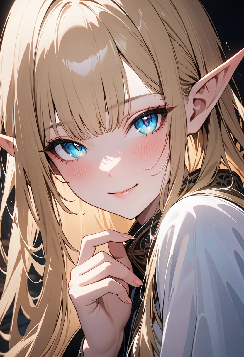 1girl, (Portrait of a beautiful Elf, dark fantasy), great wizard, Wearing elegant magic robe, detailed beautiful face, (finely detailed beautiful eyes), (blush:1.2, smile), (long straight hair, shiny blonde hair, bangs), elegant, gorgeous, stunning, 
light and wind, aura of magic, 
((upper body:1.3)), portrait photography, (close up of face:1.3, detailed depiction of the face:1.3, from front, looking at viewer:1.3, face focus), deep depth of field, broad lighting, cinematic composition, 
(very detailed, ultra-high resolution, absurdres, highres, masterpiece, best quality, very aesthetic, fine texture, newest, anatomically correct, perfect hands, 8k),