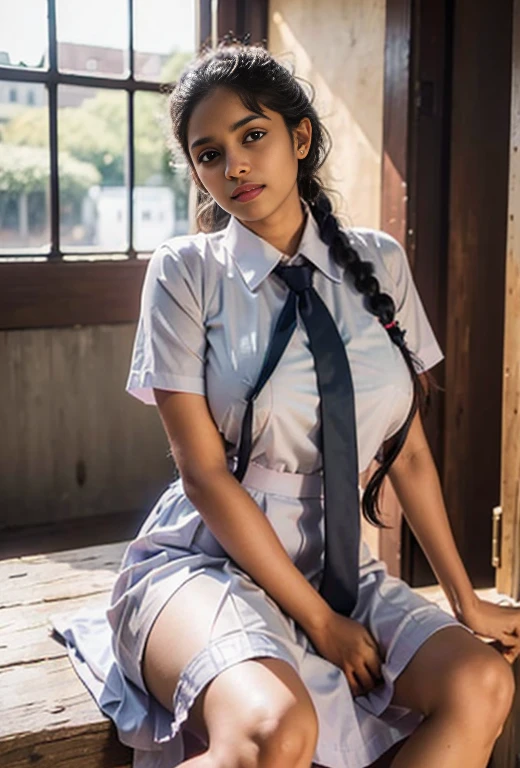 a beautiful cute Sri Lankan school girl, in barefoot, large breast size , 20 years old, wearing a white frock and a colored tie. She has plaits, black braided long hair, and barefoot. ,realistic , hyper realistic , photorealistic , hd ,realistic , natural skin, 8k uhd, high quality, sitting on a chair, legs spread, realistic light from window, sweaty stains in clothes, in a village house room, seduced face, white underwear showing