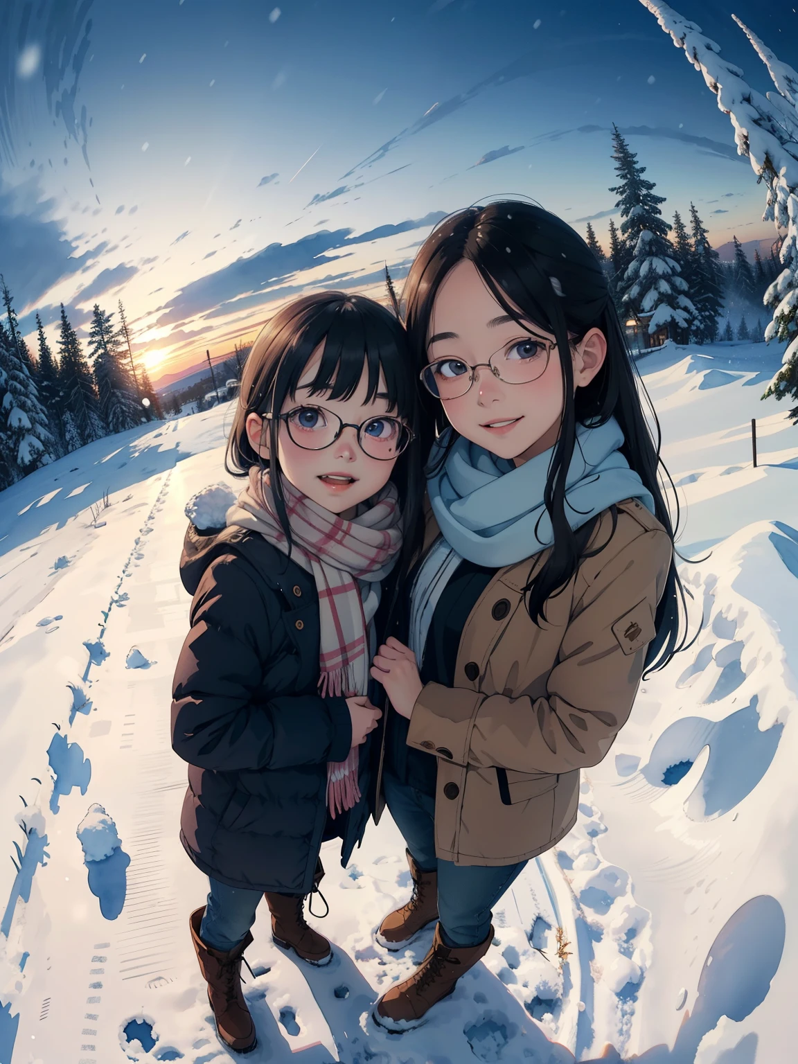   masterpiece on penis ，  top quality， high image quality，(  super flat ，  flat shading  )，  fisheye lens，Beautiful petite trained young mother and very cute trained daughter:1.25，  warm scarf，(naked)，  long hair, Glasses，     boots, smile, smile, White Breath，fun, play, winter, snow, 新snow，dusk， Beautiful Sunsets ，Wide angle,     bright color , watercolor,   Ghibli style ，Strong winds，  girl&#39;Lure，