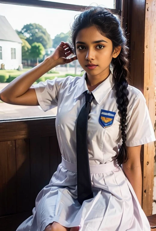 16 old srilankan school girl wearing school uniform with blue tie carrying a boy on her hip