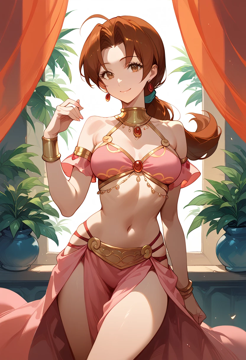 masterpiece, high definition , top quality,8k
(Delia Ketchum,mature woman,Brown Hair, Brown Eyes )
(Harem Costume)
smile